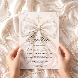Invitación de Bautizo Elegante Coquette con Lazo d