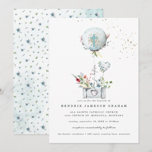 Invitación de Bautizo Elegante Globo Azul (Anverso / Reverso)