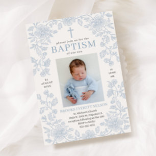 Invitación de Bautizo Elegante Niño Azul Polvorien