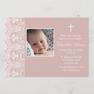 Invitación de Bautizo Elegante Rosa Ciruela y Dama