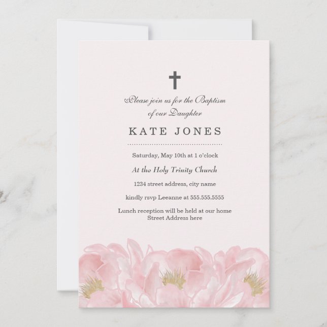 Invitación de Bautizo Elegante Rosa Peonía (Anverso)