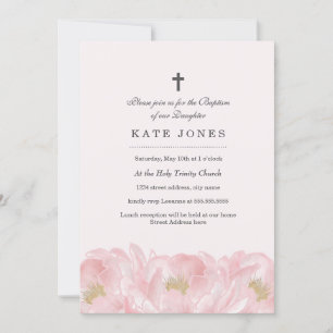 Invitación de Bautizo Elegante Rosa Peonía