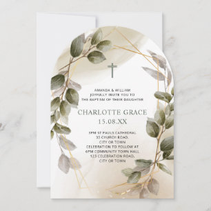 Invitación de Bautizo Elegante Verde y Dorado Botá