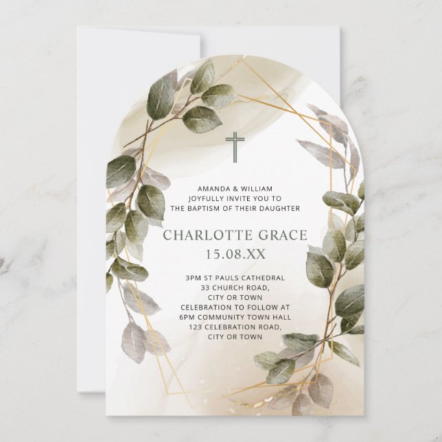 Invitación de Bautizo Elegante Verde y Dorado Botá (Anverso)