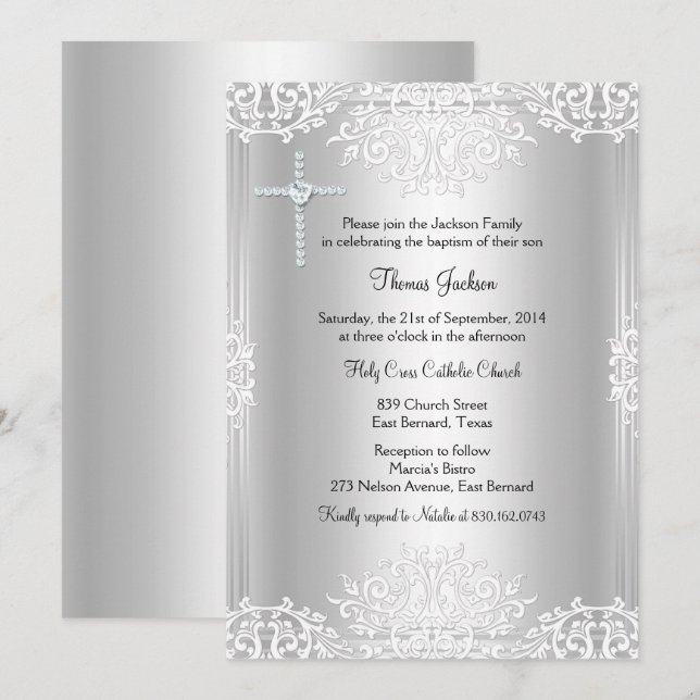 Invitación de Bautizo en Damasco Blanco Plateado (Anverso / Reverso)