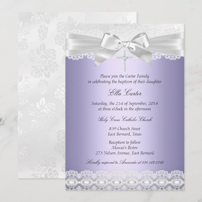 Invitación de Bautizo Encaje Morado y Cruz (Anverso / Reverso)