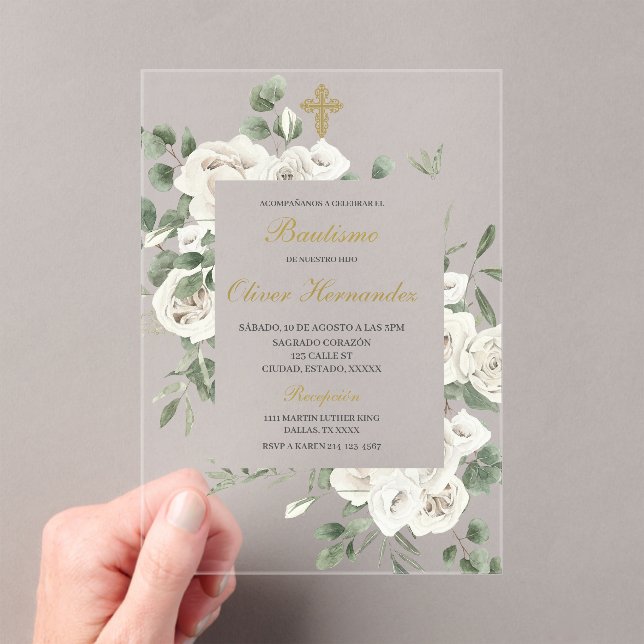 Invitación de bautizo floral acrílico en español (Insitu (portátil))