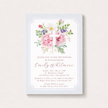Invitación de Bautizo Floral Acuarela Azul Claro y