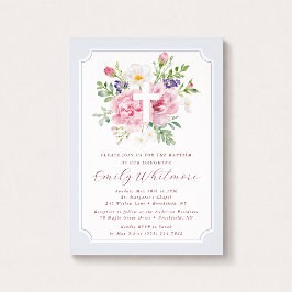 Invitación de Bautizo Floral Acuarela Azul Claro y