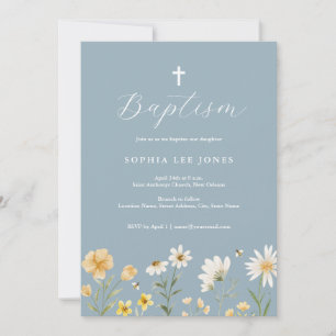 Invitación de bautizo floral amarilla azul polvori