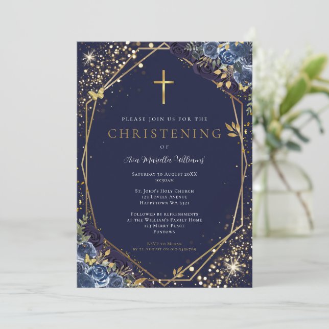 Invitación de Bautizo Floral Azul (Anverso de pie)
