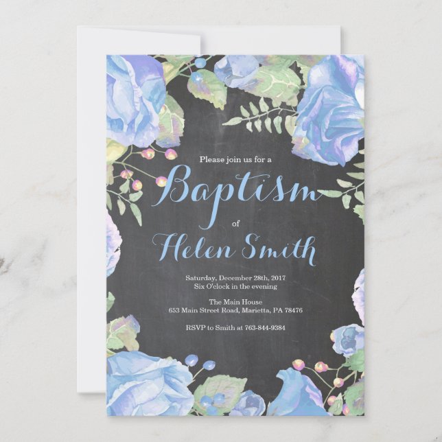 Invitación de Bautizo Floral Azul (Anverso)