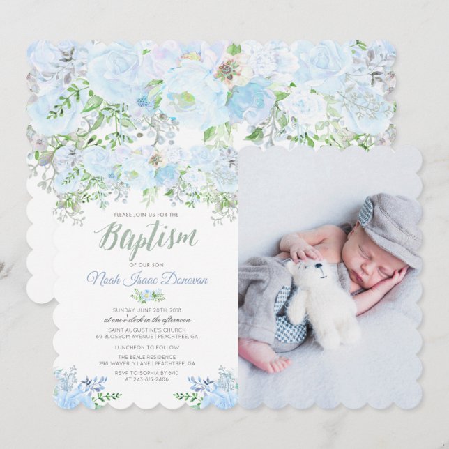 Invitación de bautizo floral azul (Anverso / Reverso)