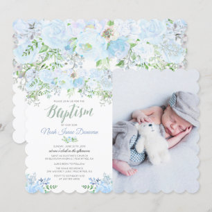 Invitación de bautizo floral azul