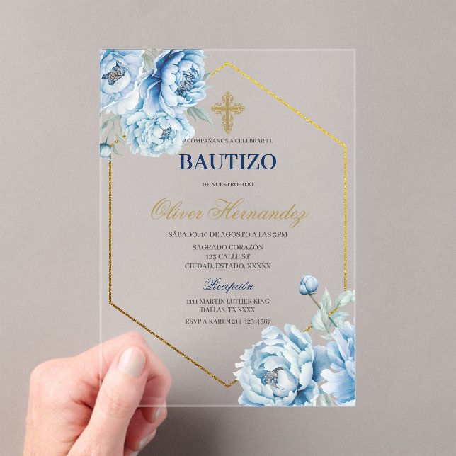 Invitación de Bautizo Floral Azul Acrílico Español (Insitu (portátil))