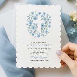 Invitación de Bautizo Floral Azul Escalonado para