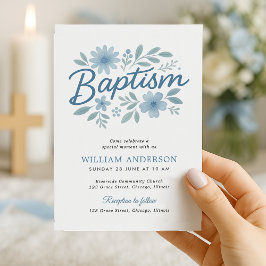 Invitación de bautizo floral azul para bebé niño
