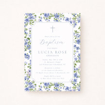 Invitación de Bautizo Floral Azul para Niña