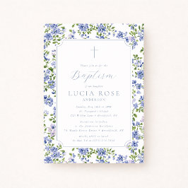 Invitación de Bautizo Floral Azul para Niña
