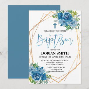 Invitación de bautizo floral azul para niño