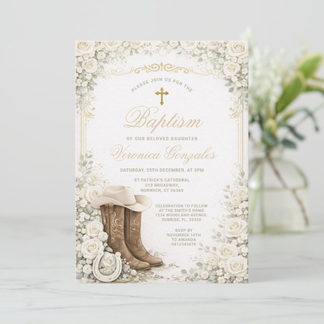 Invitación de Bautizo Floral Blanco con Botas de V (Anverso de pie)