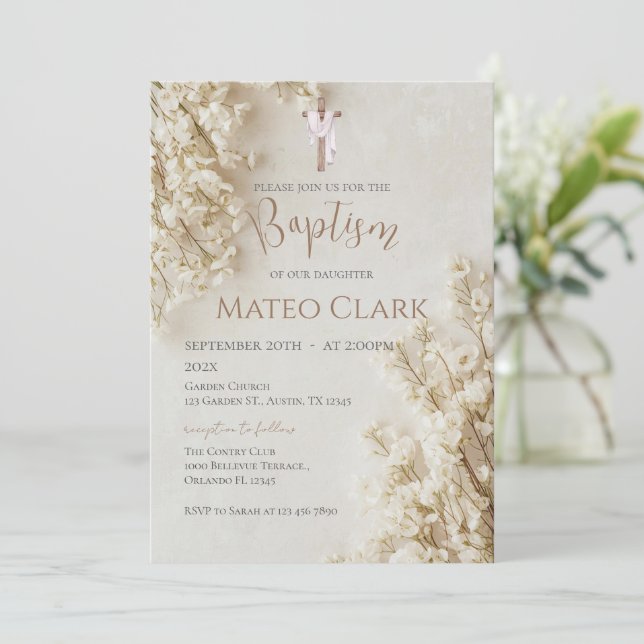 invitación de bautizo floral boho (Anverso de pie)