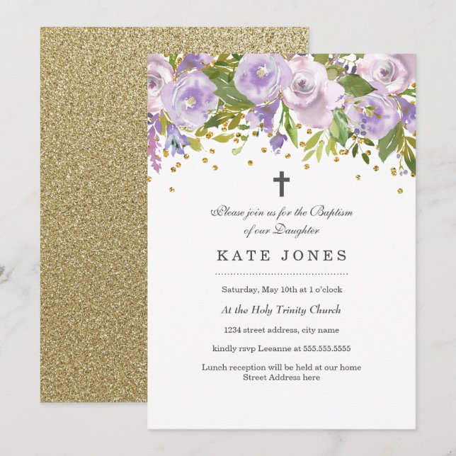Invitación de Bautizo Floral Brillante Púrpura (Anverso / Reverso)