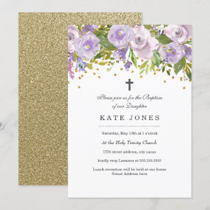 Invitación de Bautizo Floral Brillante Púrpura