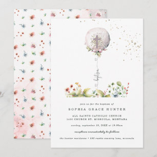 Invitación de Bautizo Floral con Globo Elegante