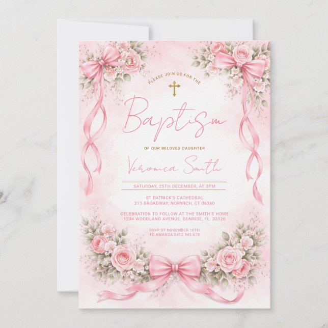 Invitación de bautizo floral con lazo rosa para ni (Anverso)
