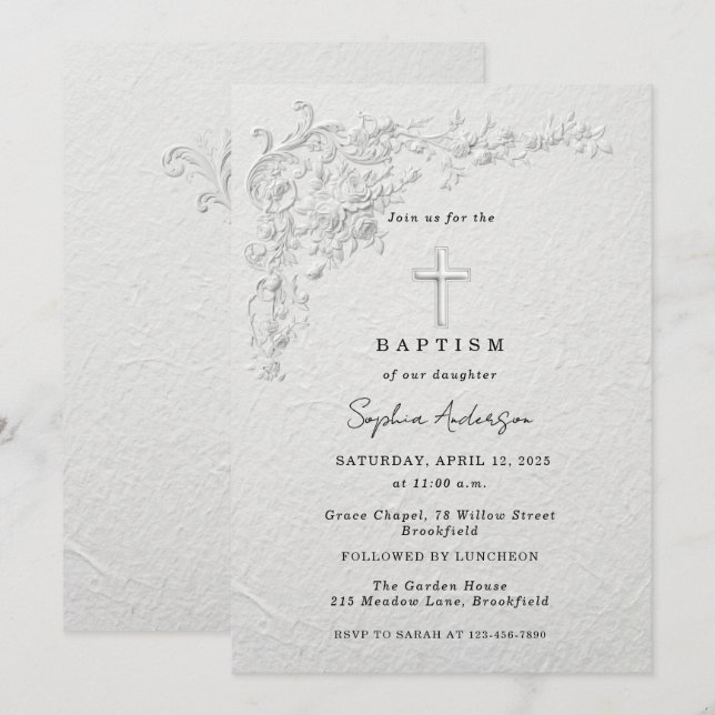 Invitación de Bautizo Floral con Relieve Falso (Anverso / Reverso)