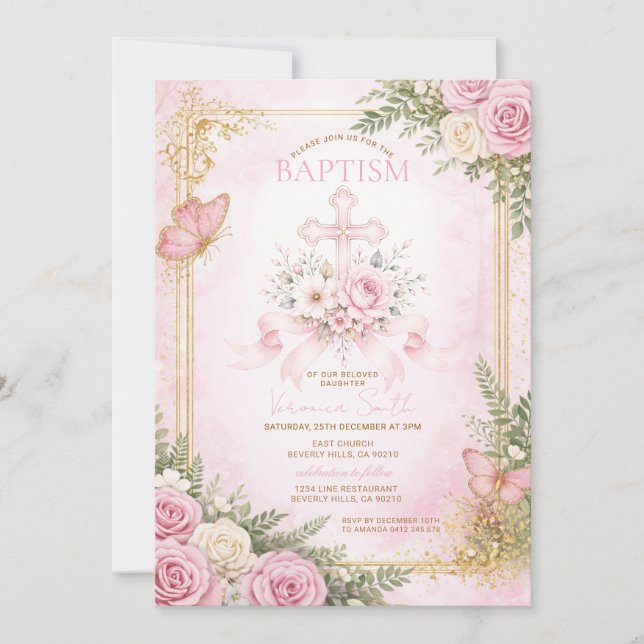 Invitación de Bautizo Floral CrossBlush Rosa para  (Anverso)
