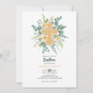Invitación de Bautizo Floral Cruz Verde Acuarela