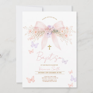 Invitación de Bautizo Floral de Lazo Coqueto Rosa 