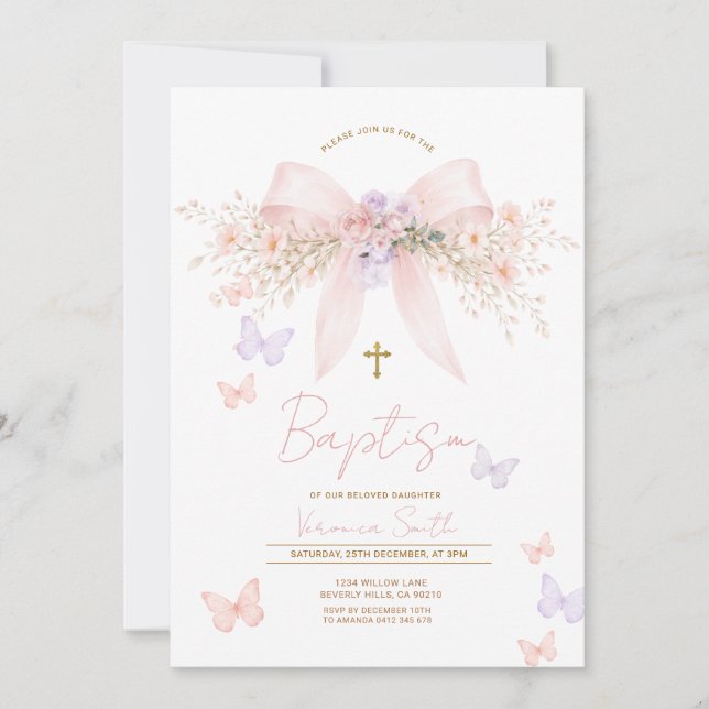 Invitación de Bautizo Floral de Lazo Coqueto Rosa  (Anverso)