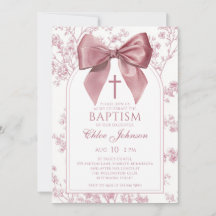 Invitación de Bautizo Floral de Lazo Rosa Vintage