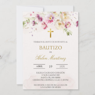 Invitación de bautizo floral de primavera en españ