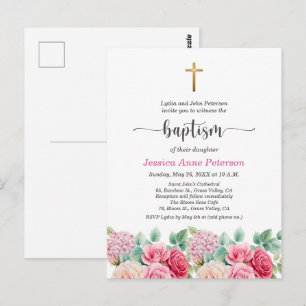 Invitación de Bautizo Floral de Rosas Cruz de Oro