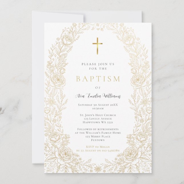 Invitación de Bautizo Floral Dorada (Anverso)