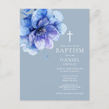 Invitación de bautizo floral en acuarela azul eleg