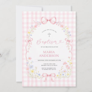 Invitación de bautizo floral Gingham de flor silve