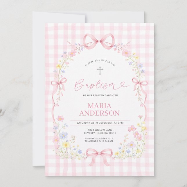 Invitación de bautizo floral Gingham de flor silve (Anverso)