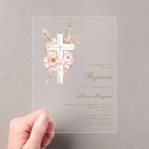 Invitación de Bautizo Floral Marfil Rubor Cruz