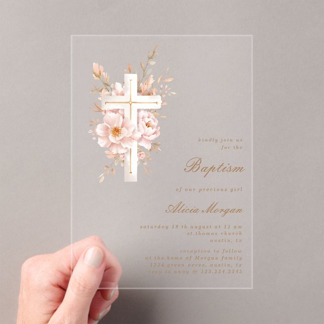 Invitación de Bautizo Floral Marfil Rubor Cruz (Insitu (portátil))