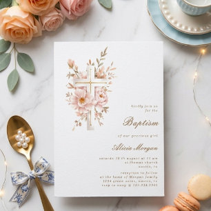 Invitación de Bautizo Floral Marfil Rubor Cruz