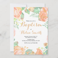 Invitación de Bautizo Floral Melocotón Marfil