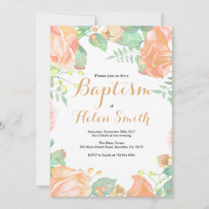 Invitación de Bautizo Floral Melocotón Marfil