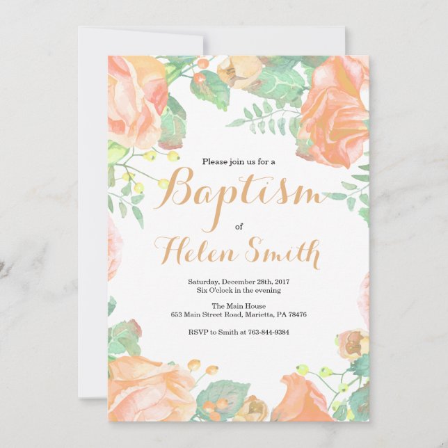 Invitación de Bautizo Floral Melocotón Marfil (Anverso)