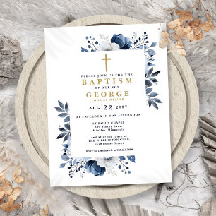 Invitación de Bautizo Floral Moderna Elegante Azul