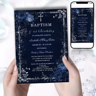 Invitación de Bautizo Floral Oscura Azul Profundo 